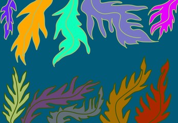 Fototapeta na wymiar Sfondo grafico azzurro con piante foglie colorate 