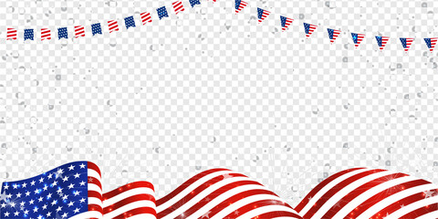 USA 4th of July waving flag with star, firework, garland on transparent background template for poster, banner, postcard, flyer, greeting card etc. Vector illustration.

