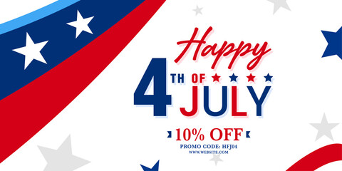 USA Happy 4th of July sale, discount banner background with red and blue stripe.

