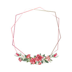 Polygonal vector frame with watercolor red roses. Vintage floral elements. Wedding. Valentine's Day. Love. Use for decoration, cards, frames, flyers, banners, invitations, greetings, messages, etc.