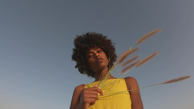 Black woman with afro hair wearing yellow dress against blue sky holding fluffy grass