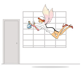 Sexy little druggist with angel wings delivers medicines to your home. Illustration, isolated against a white background.