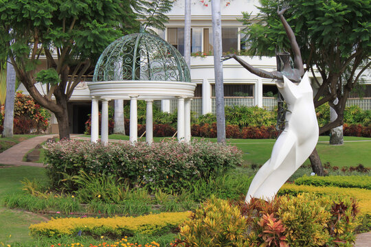 Wailea, Maui, Hawaii-August 21, 2012: Beautiful pavillon in a stunning lush tropical garden