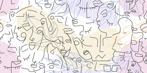 One line drawing. Abstract face seamless pattern.