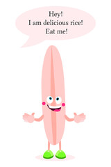 Cartoon rice. Rice with face, hands and feet. Smiley food. Template with an empty place for your text. Healthy and nutritious food.