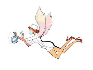 Sexy girl pharmacist with angel wings delivers medicines to the house. Illustration, isolated against a white background.