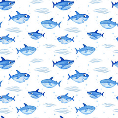 Seamless pattern with cute cartoon watercolor sharks. Hand-drawn sea life background.