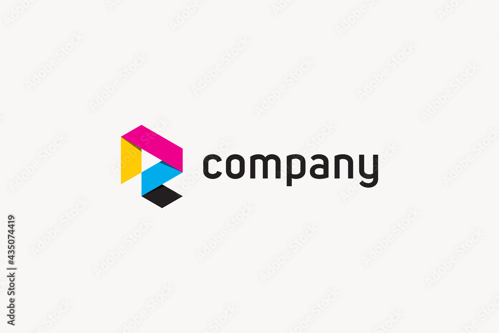 Poster modern initial letter r logo. colorful geometric shapes origami style with shadows isolated on white