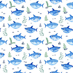 Seamless pattern with cute cartoon watercolor sharks and seaweed. Hand-drawn sea life background.
