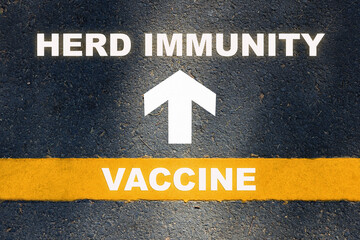 Start vaccine to herd immunity with white arrow sign and yellow line marking on asphalt road....
