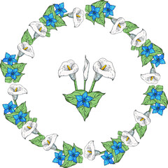 Calla lilies and Gentian, flower wreath, Round wreath with calla lily flower isolated on white,  decorative flowers, hand drawn vector illustration