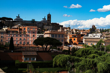 
View of Rome, panorama with roofs and trees, in the background the altar of the Fatherland.