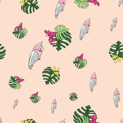 Vector pastel pink, peach background tropical birds, parrots, exotic cheese plant, monstera, hibiscus flowers. Seamless pattern background