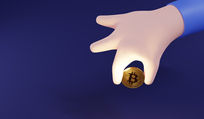 3D hand pick Bitcoin up on dark background. 3d render illustration.