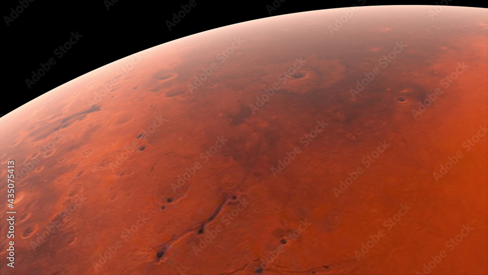 Poster flying over the red surface of the planet mars, computer generated. 3d rendering of realistic cosmic