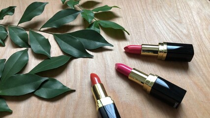 Red matte lipstick and beautiful green leaves on wood background,with natural dimly light,free space for your text design,selective focus.