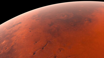 Flying over the red surface of the planet Mars, computer generated. 3d rendering of realistic cosmic background. Elements of this image are presented by NASA