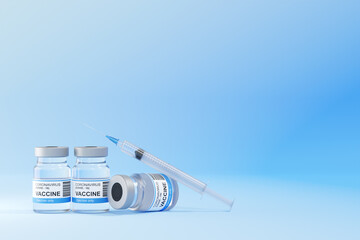 3D Coronavirus (COVID-19) vaccine bottles and syringe with copy space on blue background illustration.