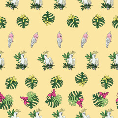 Vector pastel yellow background tropical birds, parrots, exotic cheese plant, monstera, hibiscus flowers. Seamless pattern background