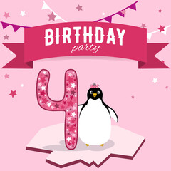 Bright pink card for the fourth birthday of the girl with a penguin and stars. Children's theme party for 4 years. Cheerful invitation to the children's party 4 months.