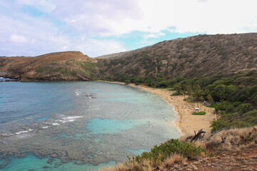 View to Hanauma Bay beach - an underwater park on Oahu, Hawaii for snorkel enthusiasts, swimmers and anyone desiring to see more than 400 species of Hawaiian fishes