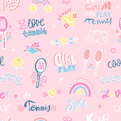 Fototapeta premium Cute girly tennis seamless pattern. Pink background with racket, rainbow, ball and doodles for wrapping paper designs, cards, covers and posters. Wallpaper for girls. Lettering, phrases motivation.