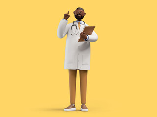 3d render. African cartoon character doctor holds documents and gives advice. Medical clip art isolated on yellow background. Professional consultation - obrazy, fototapety, plakaty