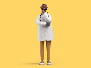 3d render. African cartoon character doctor thinking. Medical clip art isolated on yellow background - obrazy, fototapety, plakaty