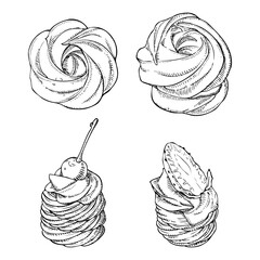 Set of hand drawn meringues on white background. Zephyr and sweet mini pavlova cake with cream, strawberry and cherry. Vector illustration in engrave style. - obrazy, fototapety, plakaty
