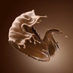 3d render, chocolate splash, cacao drink or coffee, splashing cooking ingredient. Abstract liquid clip art isolated on brown background