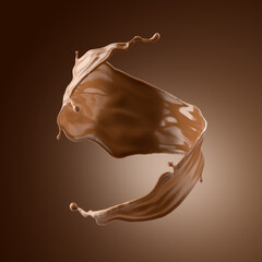 3d render, chocolate splash, cacao drink or coffee, splashing cooking ingredient. Abstract liquid spiral wave. Brown beverage clip art isolated on brown background