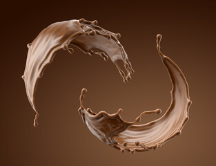 3d render, chocolate splash set, cacao drink or coffee, splashing cooking ingredient. Abstract round shapes, liquid wave clip art isolated on brown background