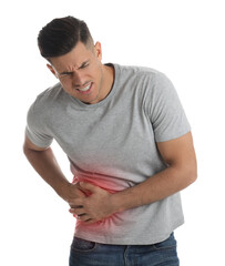 Man suffering from liver pain on white background
