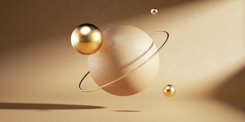 3d render, abstract beige futuristic background with levitating golden balls. Clean style modern minimal concept with levitating objects. Flying sphere with golden ring - saturn metaphor