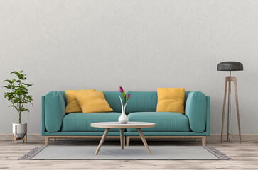 Living room interior in modern style, 3d render with sofa and decorations.