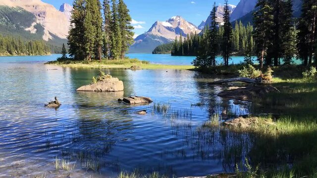 Jasper National Park, Canada. Iconic Spirit Island on Maligne Lake in summertime.