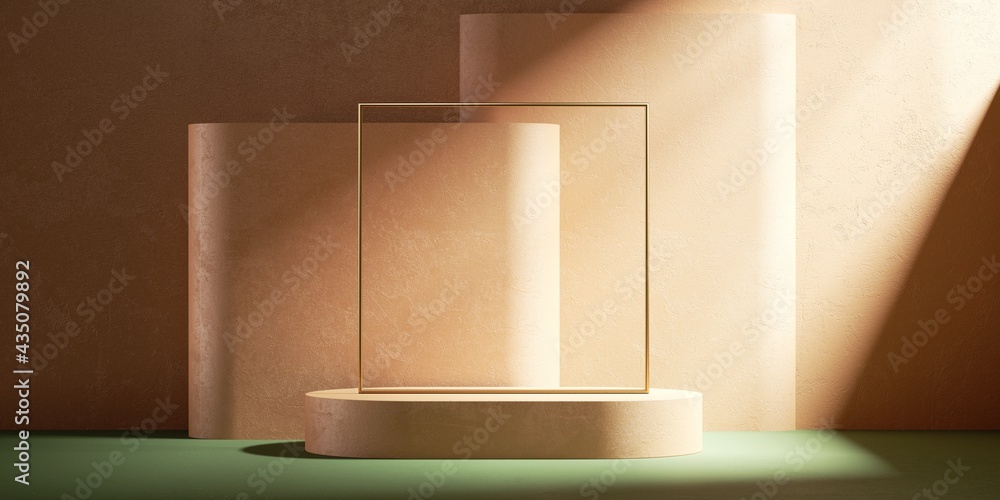 Poster 3d render, abstract peachy stucco background with sunlight rays. modern minimal showcase scene with 