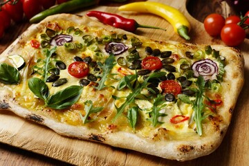 Creative pizza slice: Flower Garden with vegetables, pumpkin seeds, green onion, Hollandaise sauce and hot chili. - 435080440