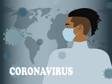 Coronavirus in China. A man in a medical mask on the background of the world map in blue tones. Infection all over the world. 