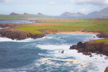 Scenic coastal seascape and landscape view from Ceann Sreatha on Waymont headland of Clogher Strand...