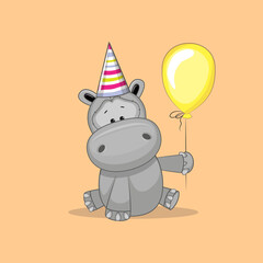 illustration animal hippopotamus holiday sitting small animals childish baby shower toy greeting happy birthday background card beautiful gift  ball celebration party art fun graphic design