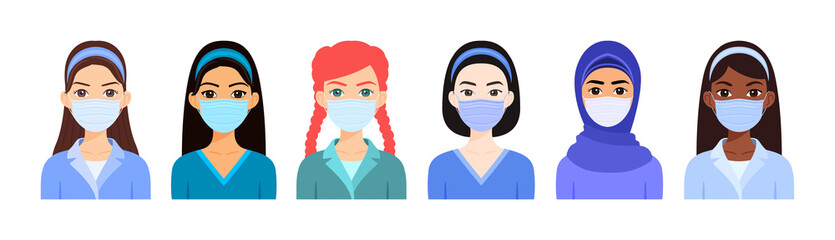 Beautiful Female Doctors and Nurses in a Medical Mask on their Face.Girls, characters of different nationalities.Avatar for Medicine Design.Flat color Cartoon style.White background.Vector.