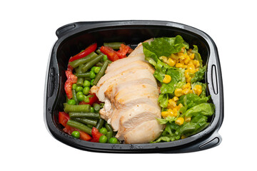 Ready food in a container. Stewed chicken, stewed vegetables.