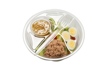Fresh tuna salad with lettuce, cucombers, cherries and eggs in plastic container.