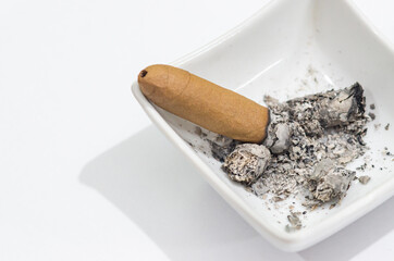Brown cigar burned on white background