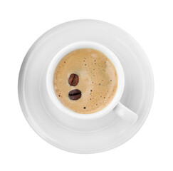 Cup of aromatic coffee with beans isolated on white, top view