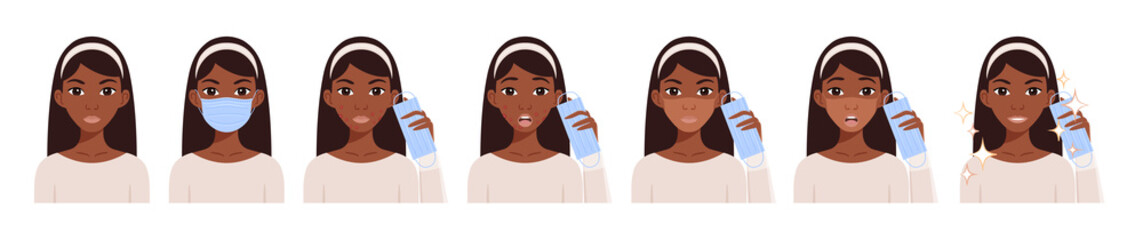 Black Afro Woman Wears a Medical Mask on her Face. Sad Girl with Pimples. Tan Mark on the Face from the mask. A Happy Lady with a mask in her Hands. Flat cartoon color style. White background. Vector.