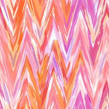 Bright summer zig zag tie dye bleed pattern. Playful space dyed vibrant hand painted watercolor effect. Trendy boho fashion seamless repeat background print. 80 s retro stripe style
