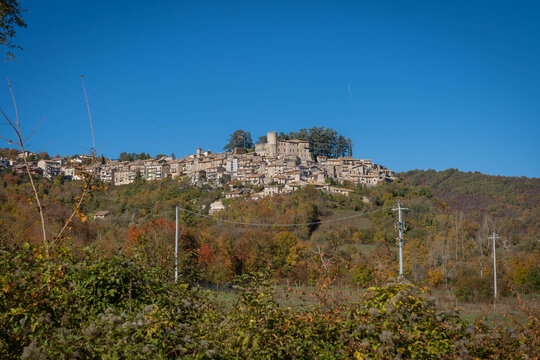 Mountain view of medieval borgo Orvinio in Lazio, Italy