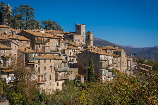 Mountain view of medieval borgo Orvinio in Lazio, Italy